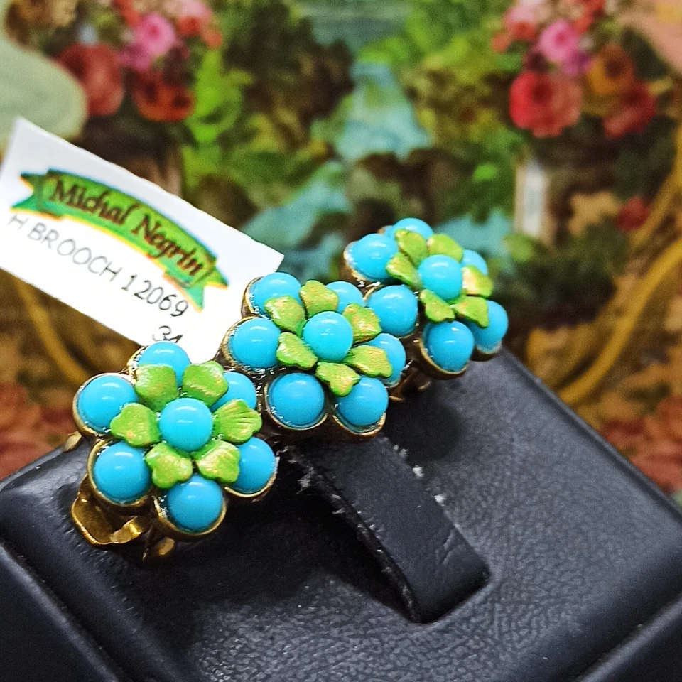 Michal Negrin 发夹绿松石蓝色花朵和绿色珐琅全新带标签礼品盒 — 第 2/4 张图片