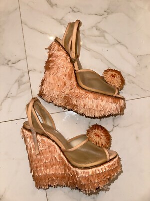 Charlotte Olympia Pumps Shoes pink peach fabric size 34 US 4 worn 