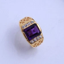 Emerald Cut Simulated Amethyst Men's Stunning Classy Ring 14k Yellow Gold Plated