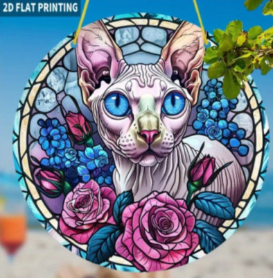 Sphynx KATZE SONNENFÄNGER Fenster Tür Ornament Sonnenfänger UK Verkäufer Glatze Muschi Katze