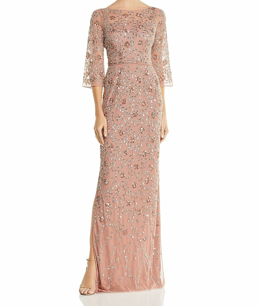 Aidan Mattox ジャガードスクエアネックロングドレス $495 Aidan Mattox Women's Pink Boat Neck 3/4 Sleeve Beaded