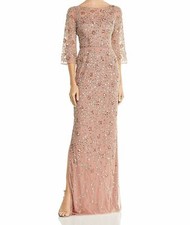 495 Aidan Mattox Women's Pink Boat Neck 3/4 Sleeve Beaded Gown Dress Size 0