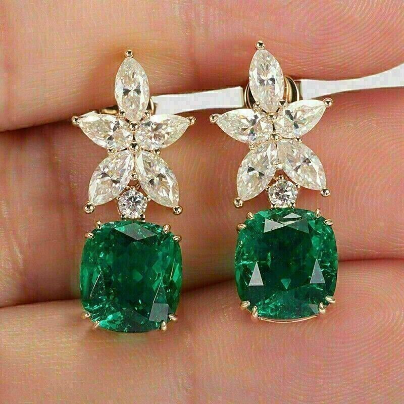 Cushion Cut Green Emerald Simulated Drop Earrings in 14k Gold Plated