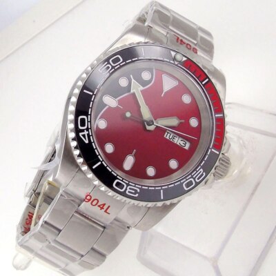 Red Japan NH36A Movement Steel Automatic Men Watch Green Lume Hand Brush Oyster