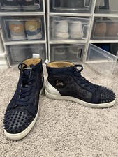 Christian Louboutin Men  s High-Top Suede Lace-Up Spiked Sneakers Blue/White 8.5