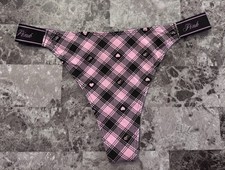 NWT VICTORIA'S SECRET PINK BLACK PLAID HEART THICK LOGO SIDE STRAP THONG PANTIES