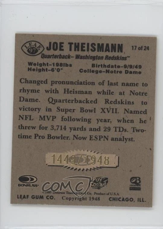 1997 Leaf Reproduction Auto /1948 Joe Theismann #17 Auto - Image 2 of 2