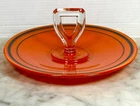 Art Deco GLASS SANDWICH TIDBIT TRAY/PLATE WITH HANDLE Orange Black Gold Stripe