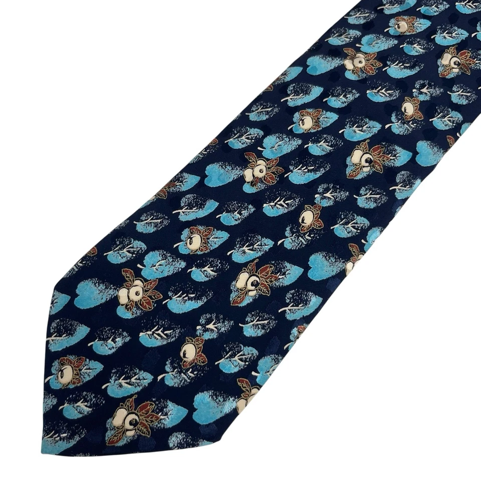 Gravata masculina Brioni folhas florais azul marinho/turquesa cetim seda 3 7/8" (L) x 58" (L) excelente estado usado - Imagem 3 de 4