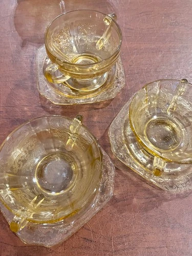 3 Vintage FEDERAL GLASS Depression Double Handle Soup Bowl “Cabbage Rose”