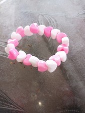 Pink White Heart Beaded Bracelet for Girls, Love Theme, Plastic Stretch