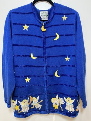 Quacker Factory Christmas Angel Blue Cardigan Sweater Womens Size 1X Full Zip