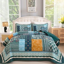 WONGS BEDDING Green Quilt Set King Size 3 Pieces Boho Patchwork Reversible Micro
