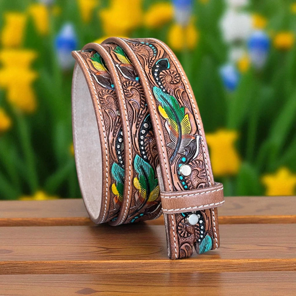 西部皮带手工表带男式全粒面皮革无扣牛仔牛仔牛仔牛仔腰带 — 第 4/4 张图片