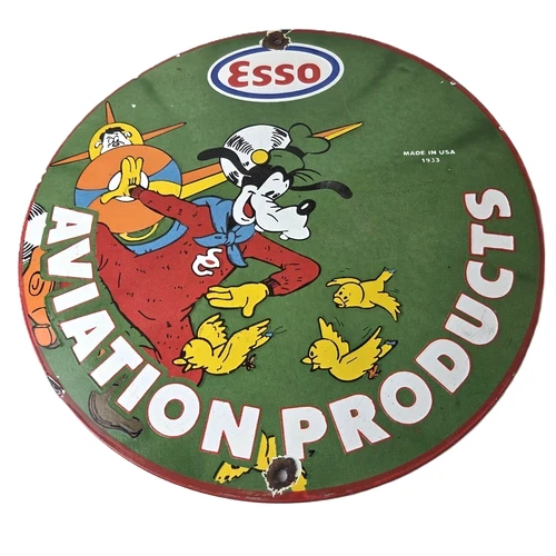 Vintage Esso Gasoline Sign - Goofy Aviation Service Station Porcelain Gas Sign