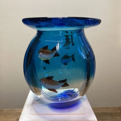 Art Glass Fish Aquarium Vase Heavy Cobalt Blue Fish Glass Murano? Beach Decor