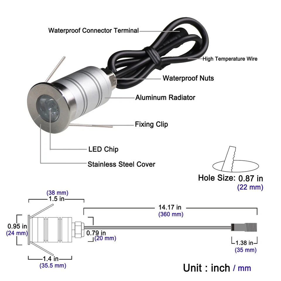 Luz LED para pozo en tierra, mini foco de ángulo de haz estrecho 15&#176; 1 W 12 V-24 V CC Foto 3 de 4