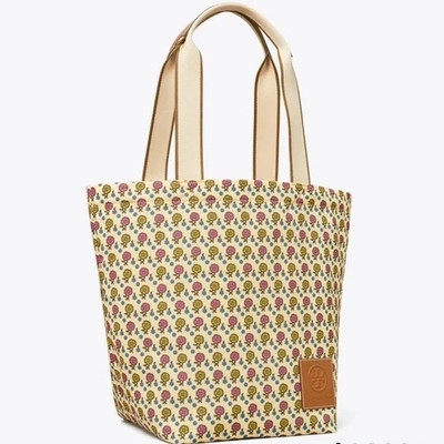 AUTH NWT TORY BURCH GRACIE Floral Daisy Print Nylon Large Tote Leather Bag Ivory