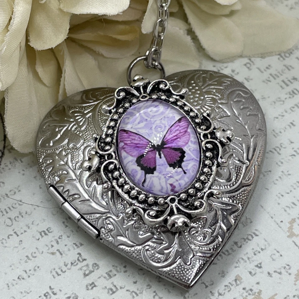 银色心形吊坠项链紫色蝴蝶周年纪念礼物妻子妈妈照片 — 第 3/4 张图片