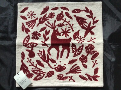 WEST ELM SCANDI DEER EMBROIDERED PILLOW COVER RED/NEUTRAL 20  SQUARE NEW