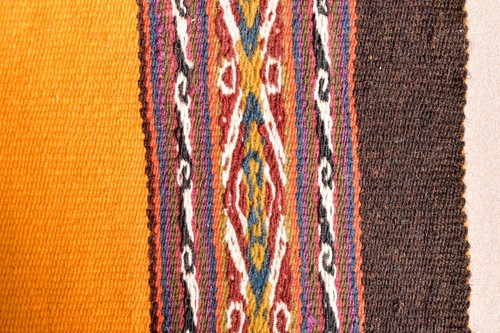 ANTIQUE UNUSUAL ANDEAN SAFFRON YELLOW EMBROIDERY RUG TEXTILE - Picture 6 of 12