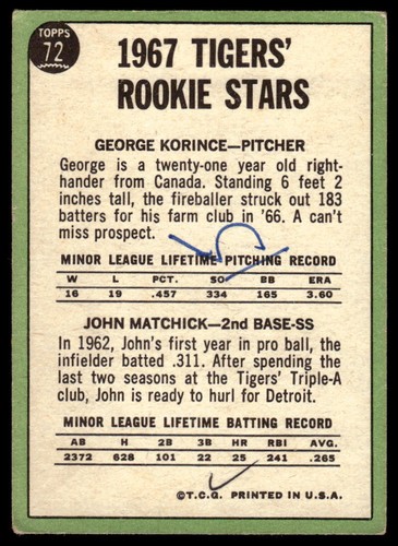 Tigres 1967 estrellas novatas (Korince/Matchick) 1967 Topps #72 Tigres de Detroit - Imagen 2 de 2