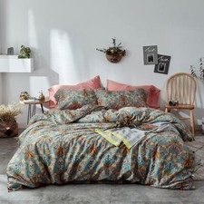 Blue Flower Queen Duvet Cover Set - Vintage Garden Pattern, Soft Cotton