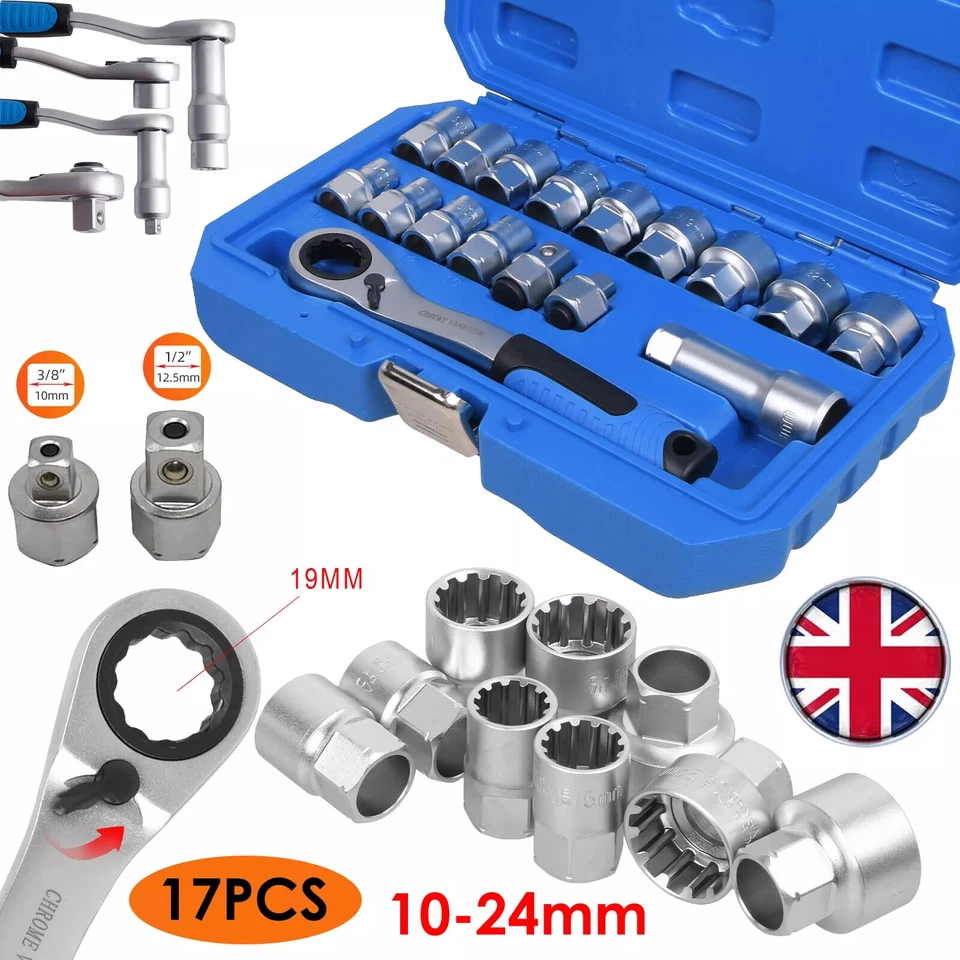 17Pcs Socket Set Metric Go-thru 3/8" 1/2" Adaptors Ratchet Go Through 10-24mm UK - Image 2 of 4