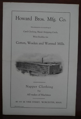 Howard Bros Mfg Worcester MA c. 1915 Machinery for Cotton Wool & Worsted Mills