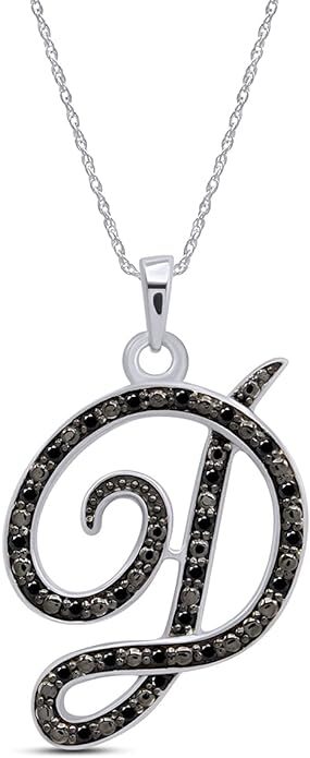 1/4 Ct Black Diamond A-Z Initial Letter Pendant 14k Gold Plated