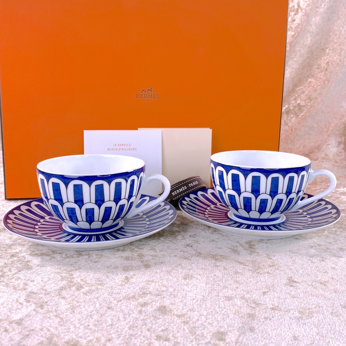 Hermes Bleus d'Ailleurs Tea Cup & Saucer 2 Sets Blue
