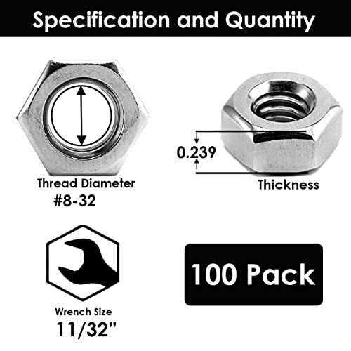 100 PCS #8-32 Stainless Steel Nylon Lock Nuts (Nyloc Nuts) - A2/304 Stainless, Hex Locking Nuts - View #3