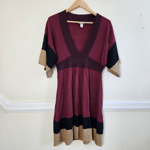 H&M Burgundy Mix Colour Block Lightweight Knit Midi Dress Size M - Picture 8 of 11