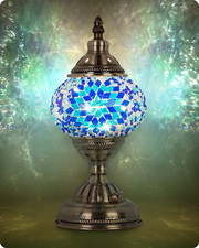 Turkish Moroccan Lamp w/ Bronze Base, Handmade Tiffany Mosaic Glass Bedside Lamp