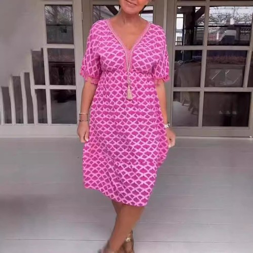 UK Women Fringed Short Sleeves Long Dress V Neck Holiday Print Dresses PLUS SIZE - Picture 9 of 11
