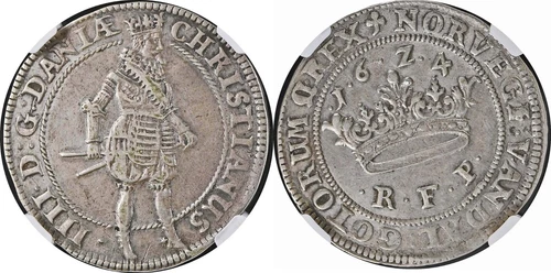 DENMARK 1624(CLOVER) Christian IV,RR VARIETY Krone Date Above Crown NGC AU Dtls