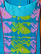 Kurta Top Tunic Jamdani Embroidery All Over U-Neck Blue Cotton 39 x 19"