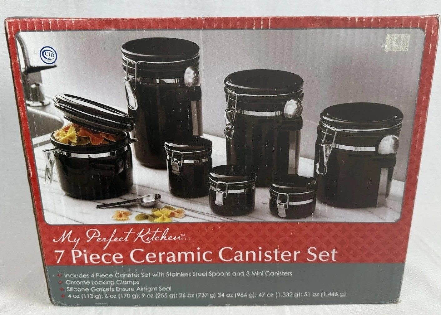 My Perfect Kitchen 7pc Black Ceramic Canister Set | Vintage | 1999 | New in Box