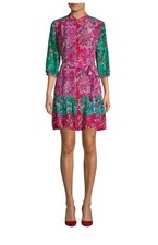 Saloni Tyra Printed Silk Dress Tired Floral Pockets Pink Green Sz 4 No Belt