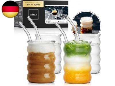ElbFuchs Matcha Gläser 4er Set 400 ml - Bubble Gläser mit Glasstrohhalmen aus B
