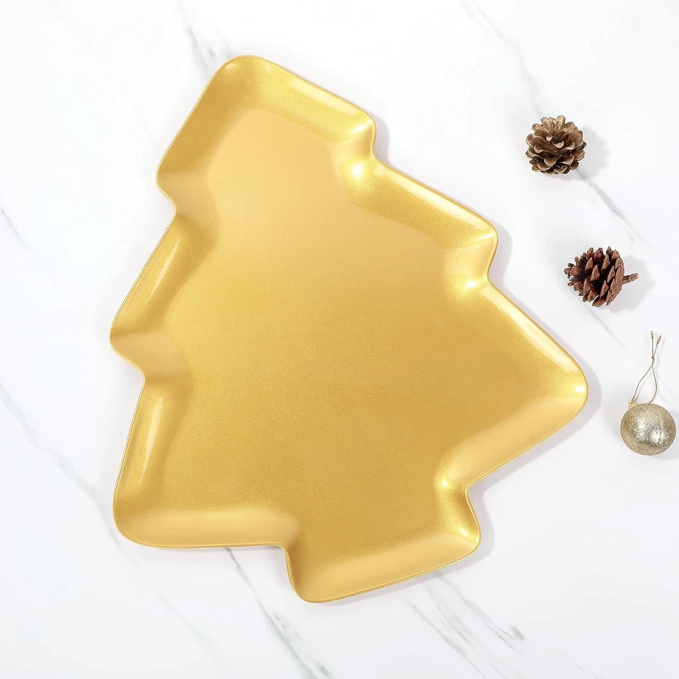 Plato para servir melamina en forma de árbol de Navidad dorado Igal, 16 x14 Foto 3 de 4