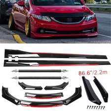 Glossy Black Look Red Front Lip Chin Bumper Side Skirt For Honda Civic Sedan H