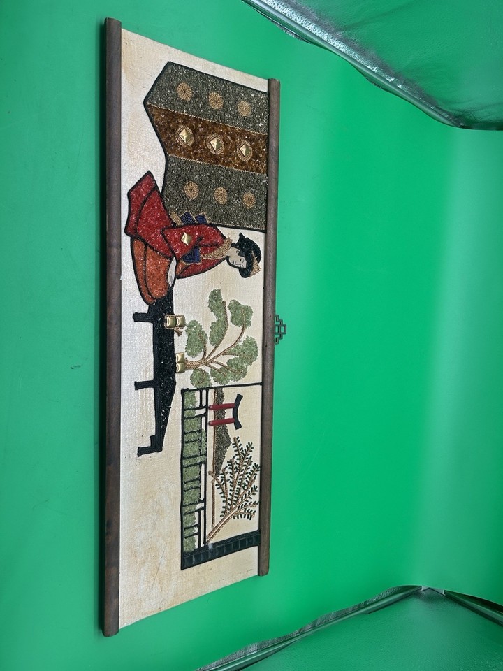Handcrafted 1960s gravel/sand art wall hanging with geisha motif — a tactile, textural piece of mid-century Japanese folk craft that's genuinely hard to find.