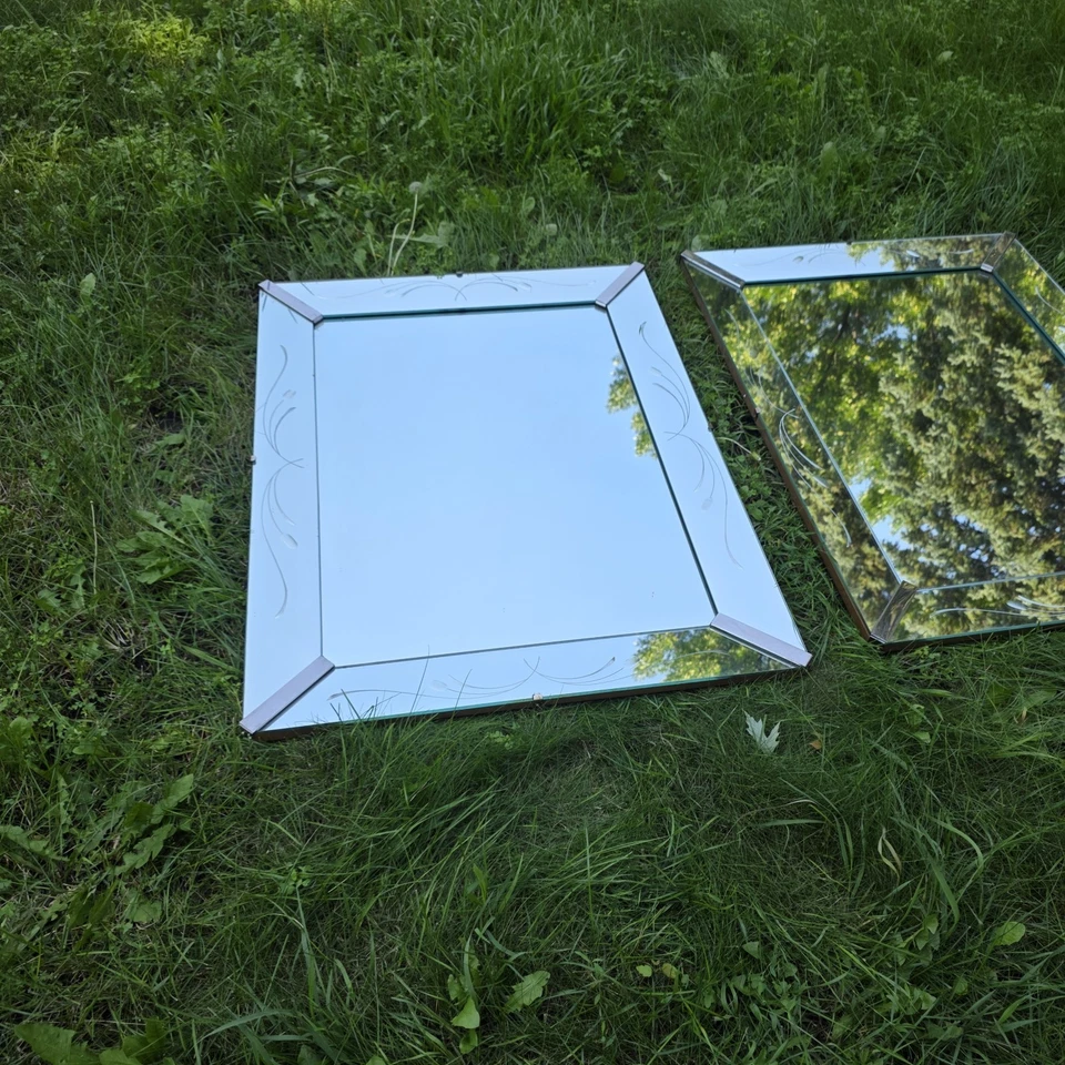 "Par grande de espejos retrovisores venecianos vintage emparejados 31" X 41"" cola de gato" Foto 3 de 4