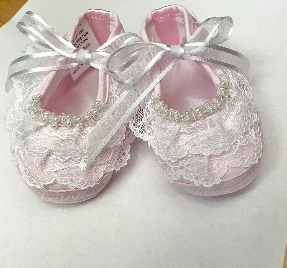 Новый с Ярлыками Will'beth розовый кружева бисером Frilly ботинок кроватки туфли девочек новорожденного размер 0 - Изображение 3 из 4