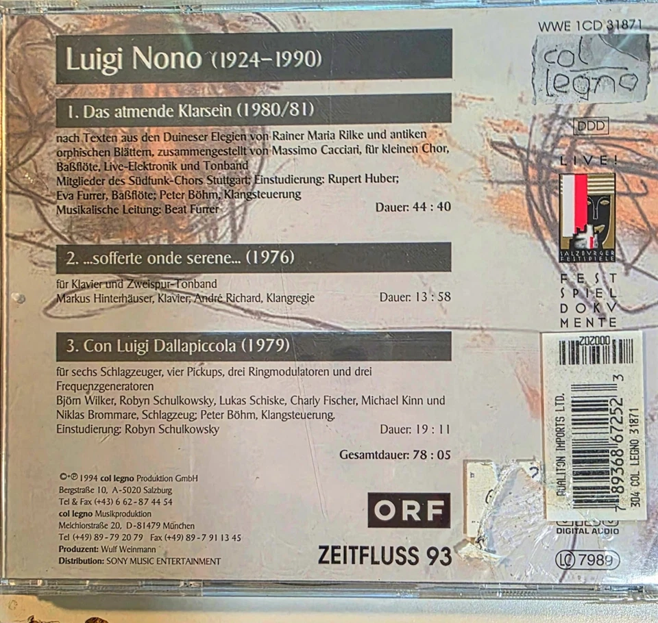 Luigi Nono-Das Atmende Klarsein CD (Germany) Col Legno SEALED! - Image 2 of 2