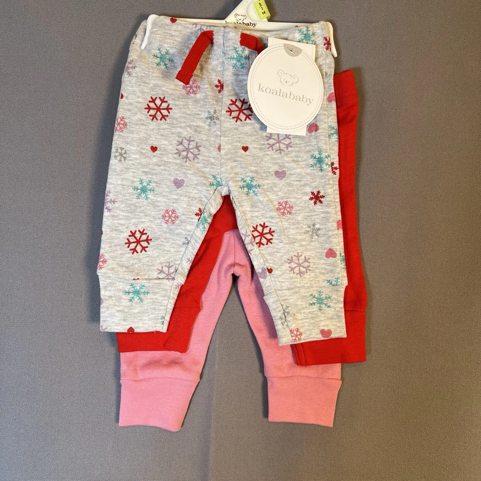 NWT Koala Baby Baby Girl 0-3 Months 3 Piece Pants Set Hearts Snowflake Pink Red