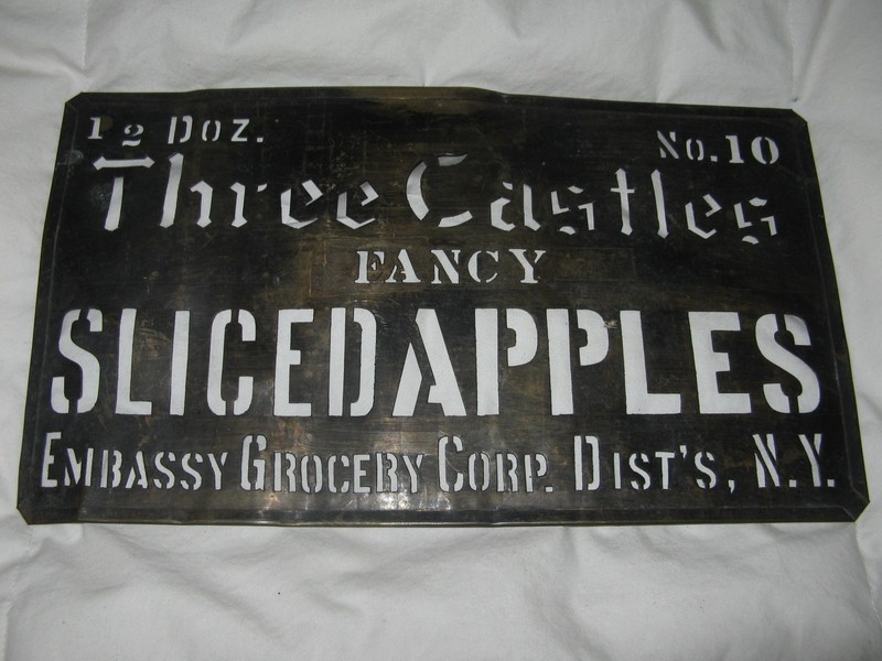 Antique Brass Stencil THREE CASTLES Brand F APPLES NY Canning Crate Label c1930s