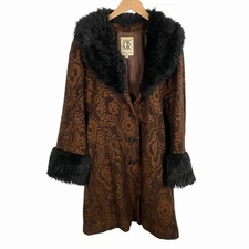 Michel Klein Wool Long Coat Faux Fur All-Over Pattern Brown 38 M Women