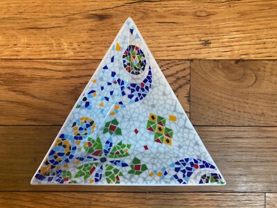 Barcelona Antoni Gaudi Mosaic Porcelain Trinket Dish Sauce Jewelry Signed 5'' MCM